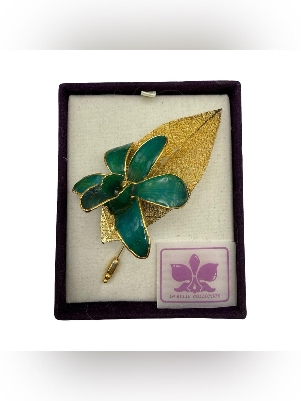 La Belle Collection 24K Gold Plated Real Orchid Enamel Flower Brooch Pin Green